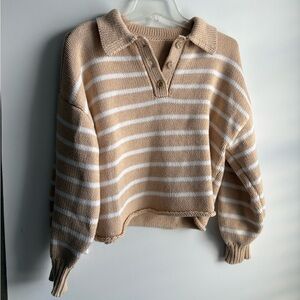 Striped Polo Collar Women's Sweater - Beige & White